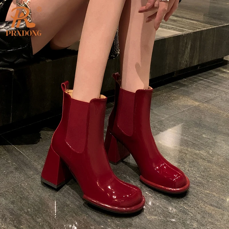 PRXDONG Genuine Patent Leather Autumn WInter Shoes Woman Ankle Boots Square Heels Round Toe Black Red Dress Party Wedding Shoes