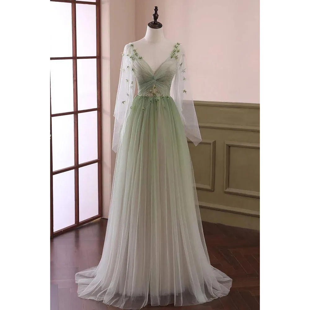 

Green Evening Dresses Women V Neck Half Sleeves Floor Length Sweep Train Banquet Celebrity Female Gowns Exquisite 2025