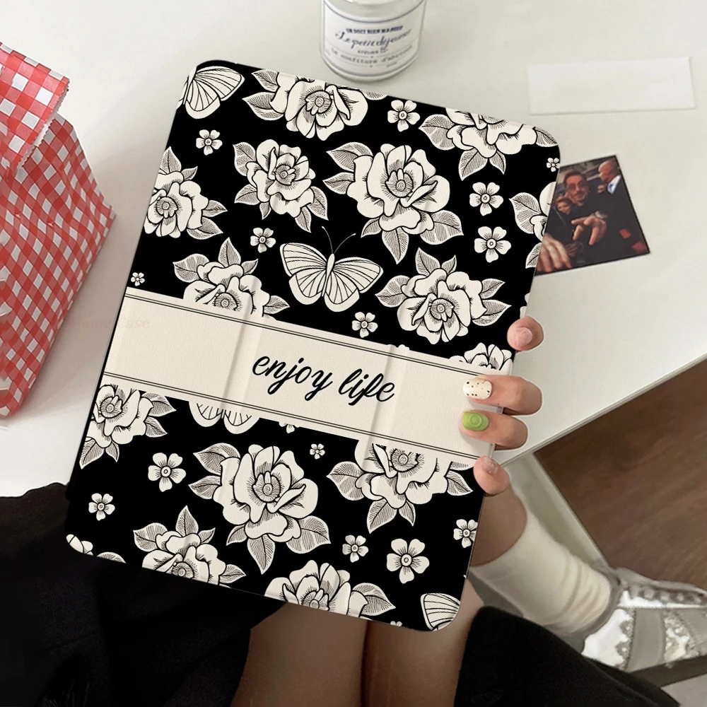 Ins Butterfly Rose Table Case For Samsung Tab S9 Plus S9 FE Plus S10 Plus A9 A11 Plus S7 Plus S8 Plus A8 S7 FE S6 Lite Tri-fold