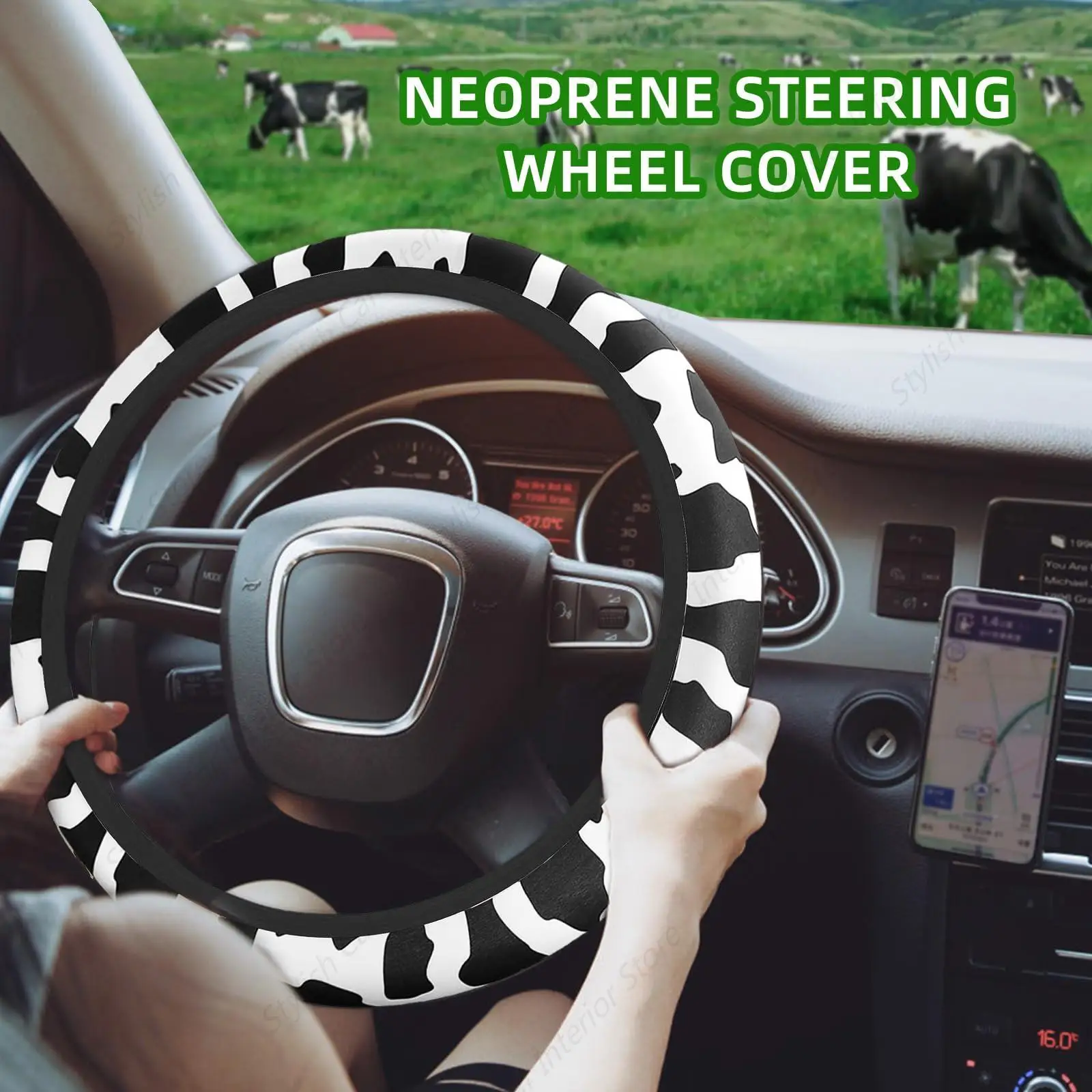 Brown Cow Print Steering Wheel Cover,Cute Auto Slip-Proof Breathable Cow-Pattern Covers Protector Universal