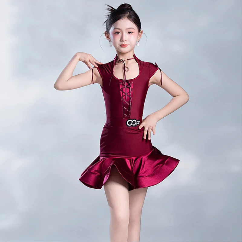 สาวเต้นรําละตินเครื่องแต่งกายเด็ก Samba การฝึกอบรมเสื้อผ้าเสื้อผ้าเต้นรําละตินไวน์แดง Fishbone กระโปรงชุด XH2753