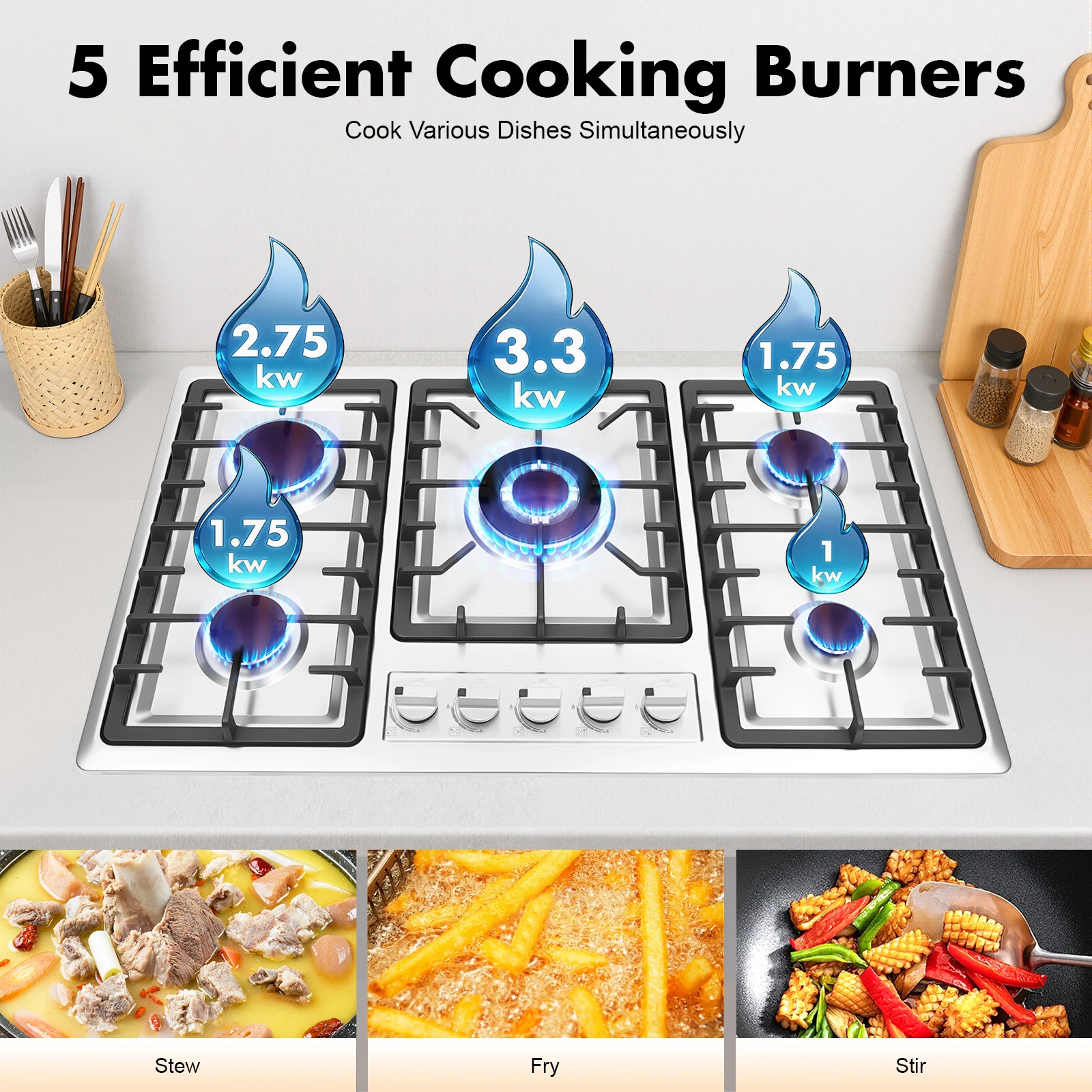 

Газовая плита с 5 конфорками, варочная панель из нержавеющей стали с 5 горелками, газовая варочная панель для природного газа с защитой от погасания пламени