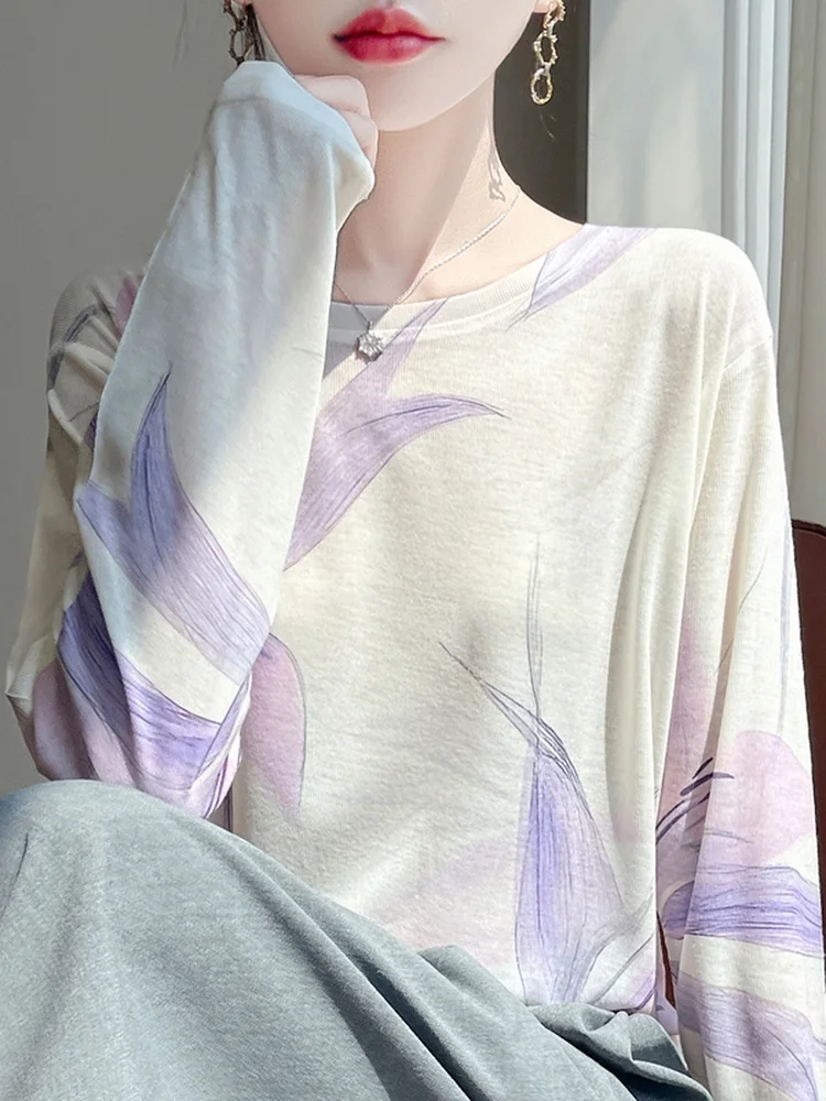 أنيقة طباعة أوائل الخريف رقيقة صغيرة irt طويلة Sve جولة Ne مطبوعة تي شيرت الداخلية لينة متماسكة قاعدة سترة عادية Sle Loo...