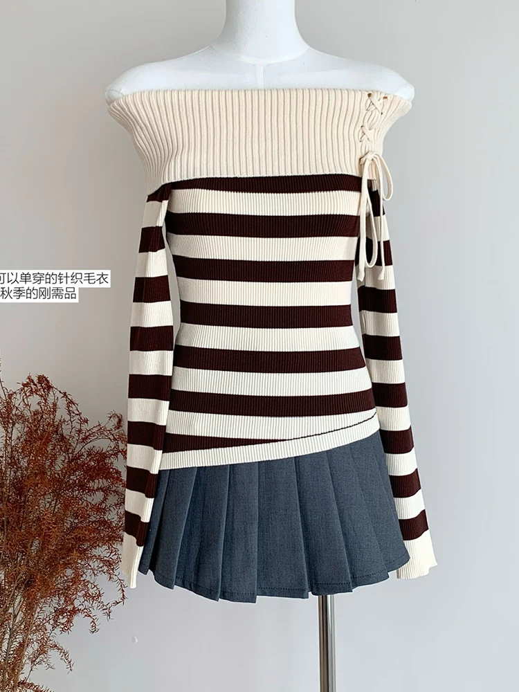 Winter Women Korean Fashion Pullovers Slash Neck Design Knitwear Gyaru Long Sleeve Coquette Striped Sweater Jumper 2000s Shoujo