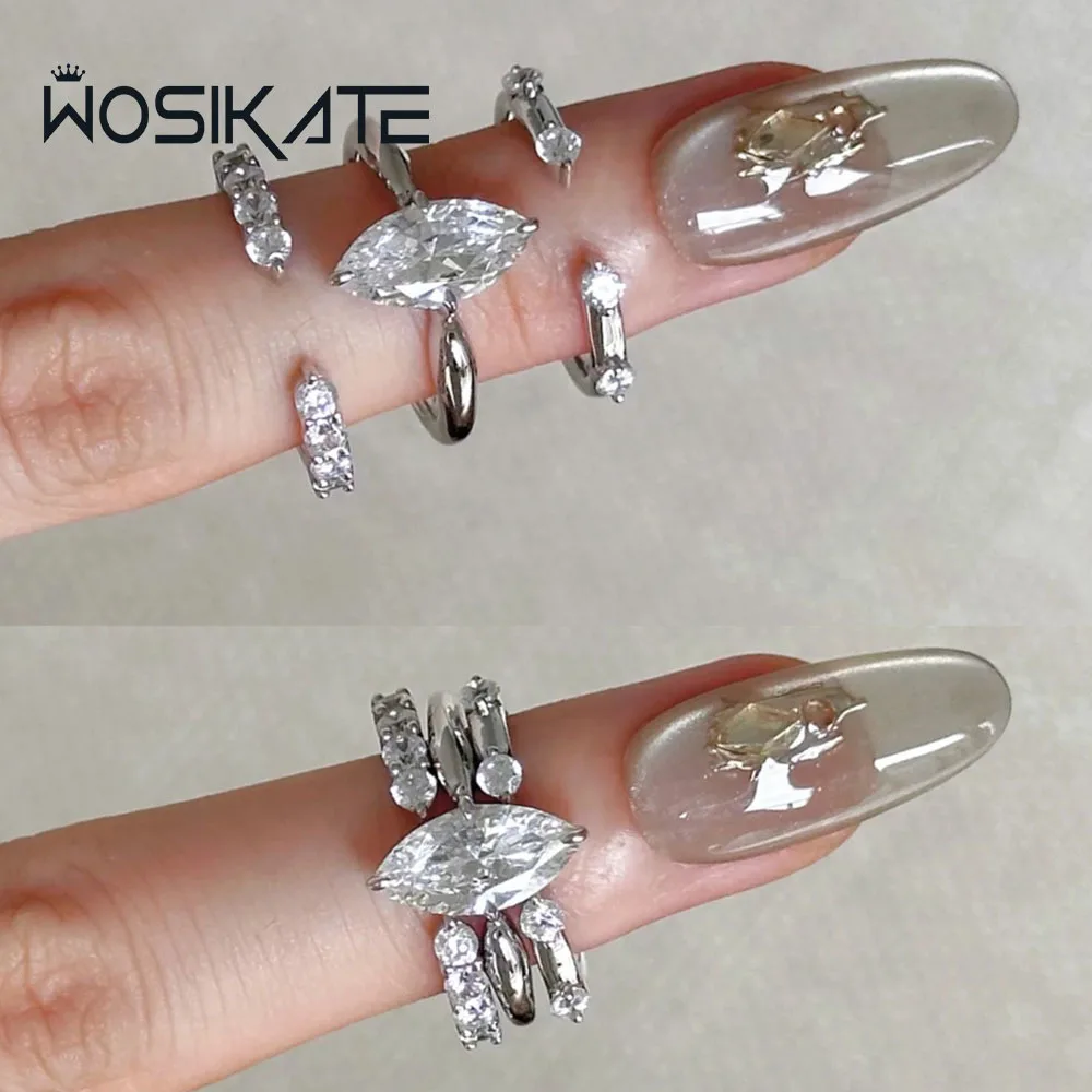WOSIKATE Sparkling Horse-eye Zirconia Simple Three-in-one Stacked Ring For Women Silver Plated Fashion Jewellery Finger Ring