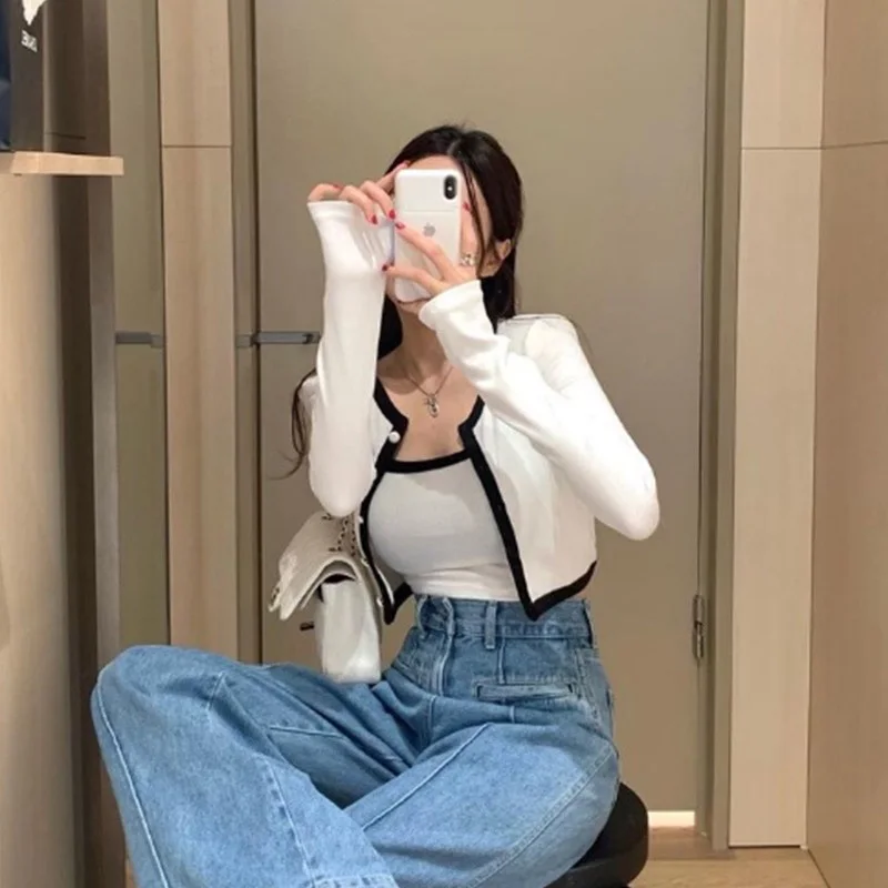 

Dongda Gate New Style Slim Fit Sexy Short Two Piece Set Women's Long Sleeve Open Cardigan Shoulder Pad Top Cotton Spring Fashion