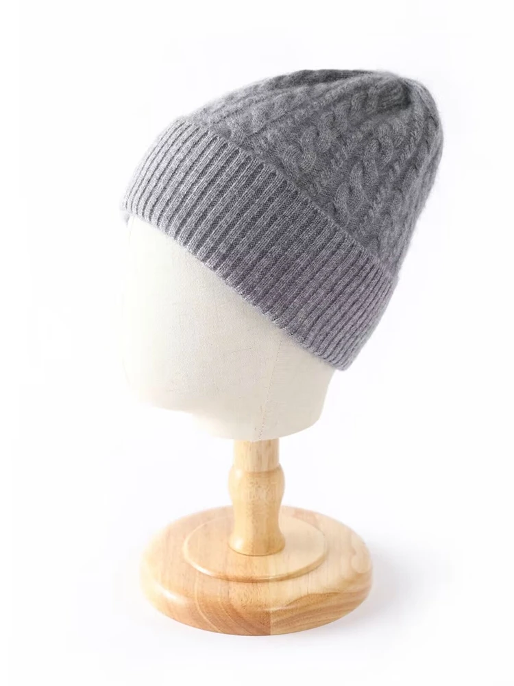 35% Cashmere Blend Thick Vintage Cable Beanies Women Solid Ribbed Hem Soft Knitted Cap Hat Wool Autumn Winter Warm Skull Caps