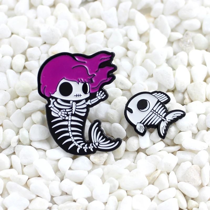 Fishbone Brooch Zombie Pirate Mermaid Fishbone Enamel Pins Badge Fish Bones Badge Fantasy Gifts Brosche Cute Mermaid Skeleton