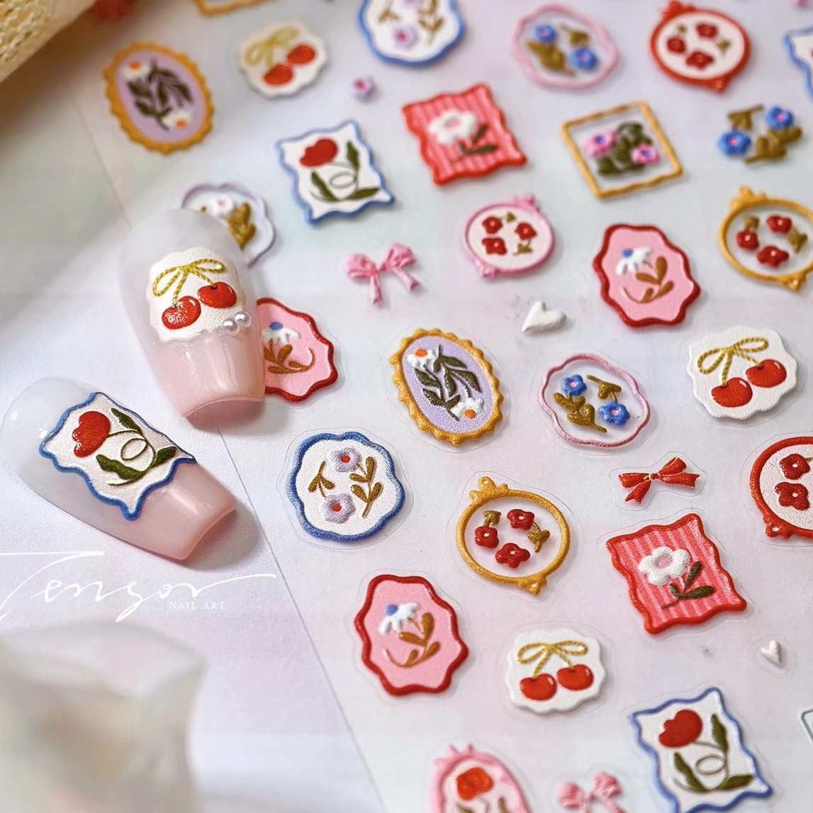 

Colourful Flower Bowknot Cherry Rose Daisy Garden Retro Photo Frame Heart Reliefs Self Adhesive Nail Art Sticker Manicure Decals