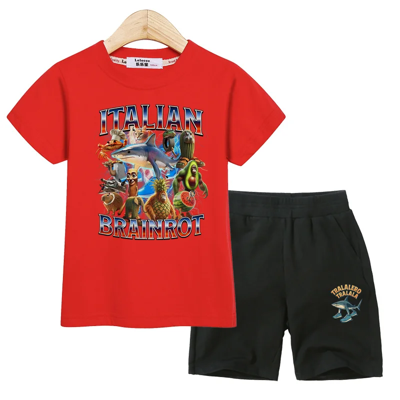 Childrens Italian Brainrot Clothing Summer T-shirt Shorts 2-piece Set for Boys Cartoon Outfits 3-14T Costumes