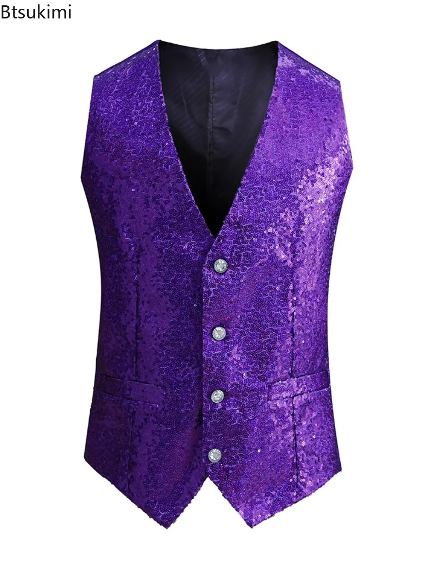 2024 Men's Sequin Blazers Vest Gliter Suit Vest Nightclub Dj Stage Clothes Shiny Gold Sequin Bling Glitter Party Vest Tops Male