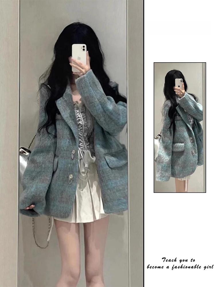 

Thiened Woolen Suit Sle Outerwear for Women Autumn Winter Hepburn Sle Small Size High End Feel Trendy ort Coat
