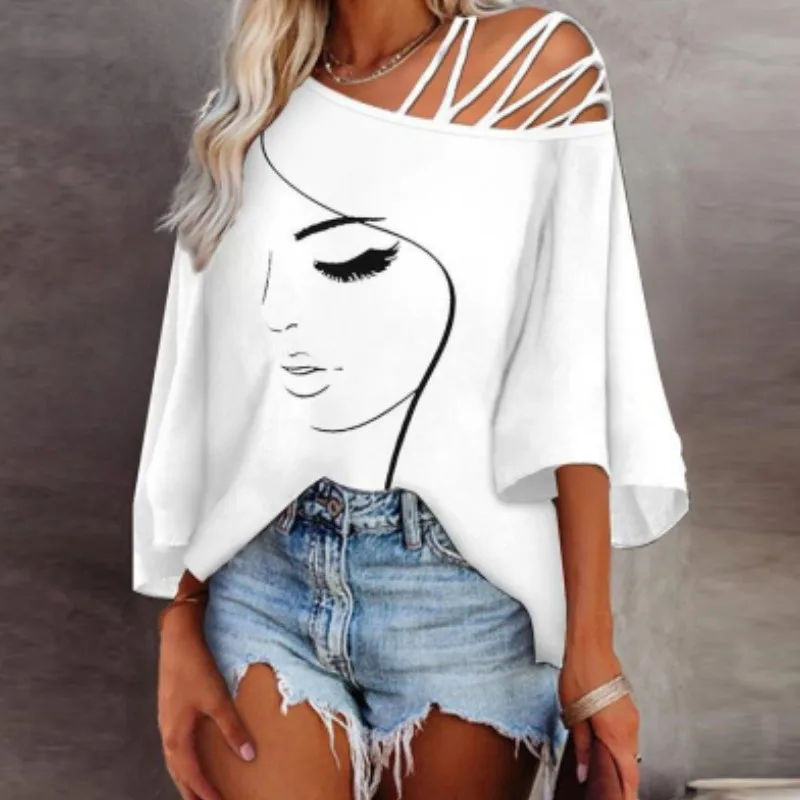 Women\'s Fashion Tees Casual Top 2023 Summer Print Hollow Out Female Sexy Loose T-shirt S-XXL