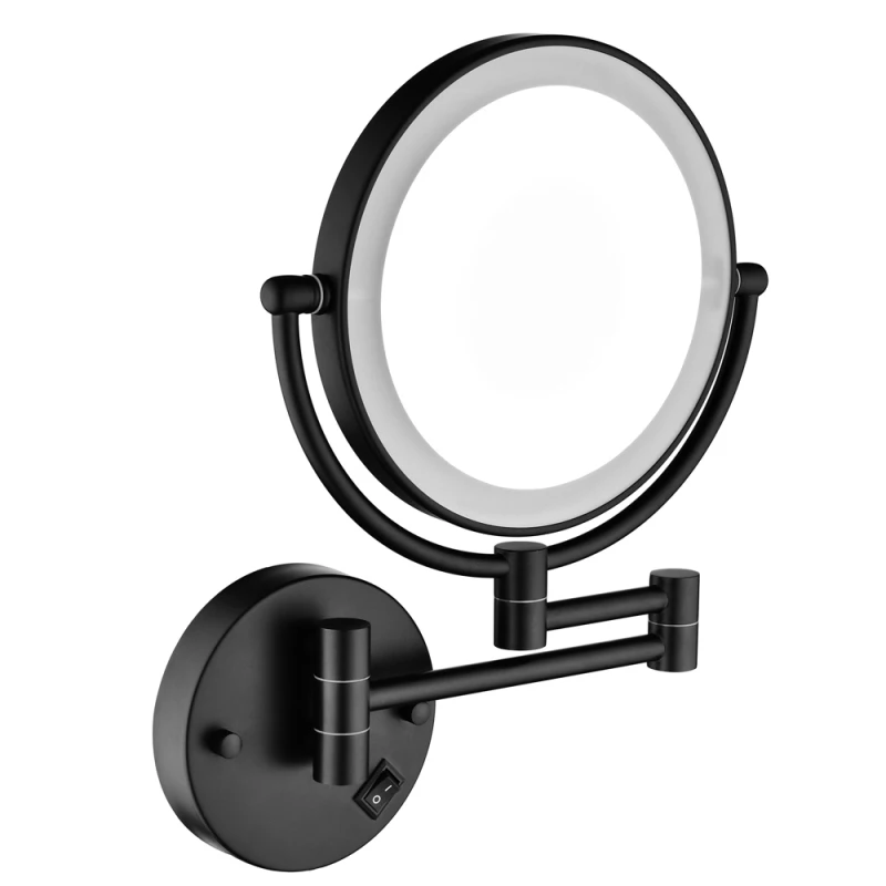 8 Inch LED Wall Mount Two-Sided Magnifying Makeup Vanity Mirror 12 Inch Extension Matte Black 1X/3X Magnification Plug 360 Degre