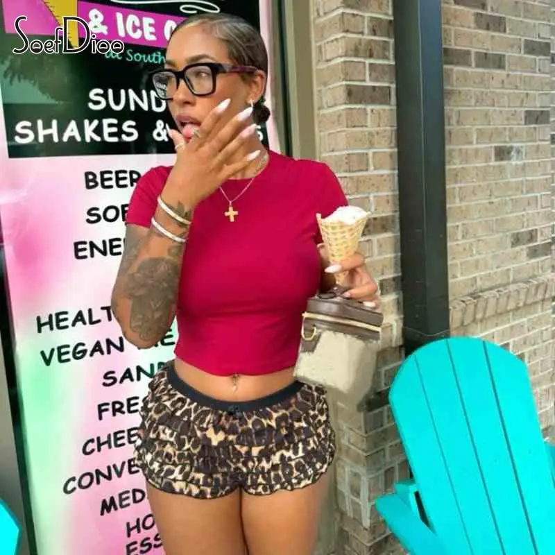 

Soefdioo Sexy Summer Leopard Print Hot Shorts for Women Streetwear Fashion Bow Low Waist Ruffles Tiered Shorts Party Clubwear