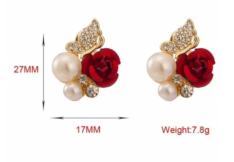 Delysia King 1 Pair Grace Women Trendy Red Rose Butterfly Ear Stud Anti Allergy Pearl High-grade Crystal Bridal Earrings