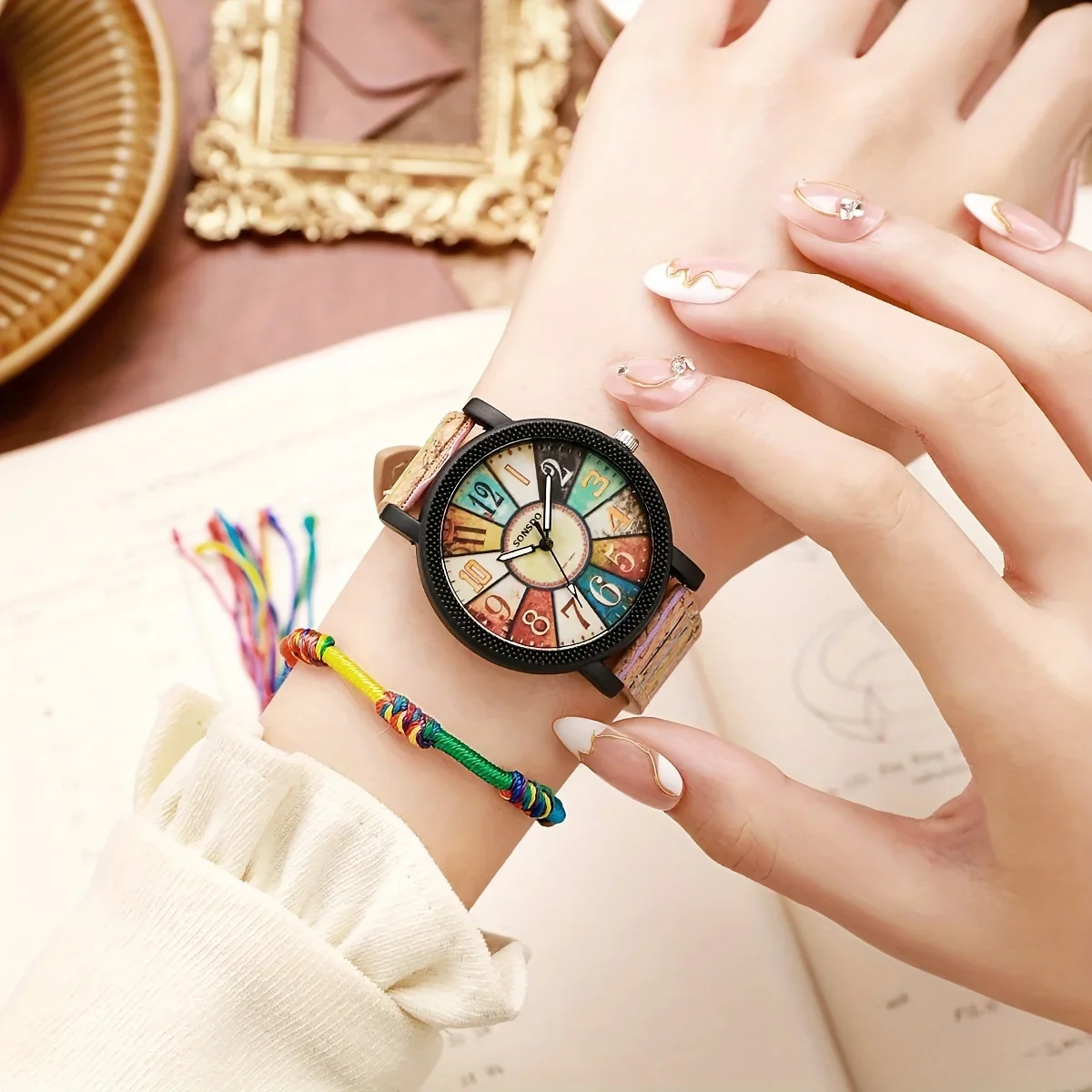 Ladies Quartz Watch Colorful Cork Strap Matching Rainbow Tassel Bracelet Student Casual Jewelry Set