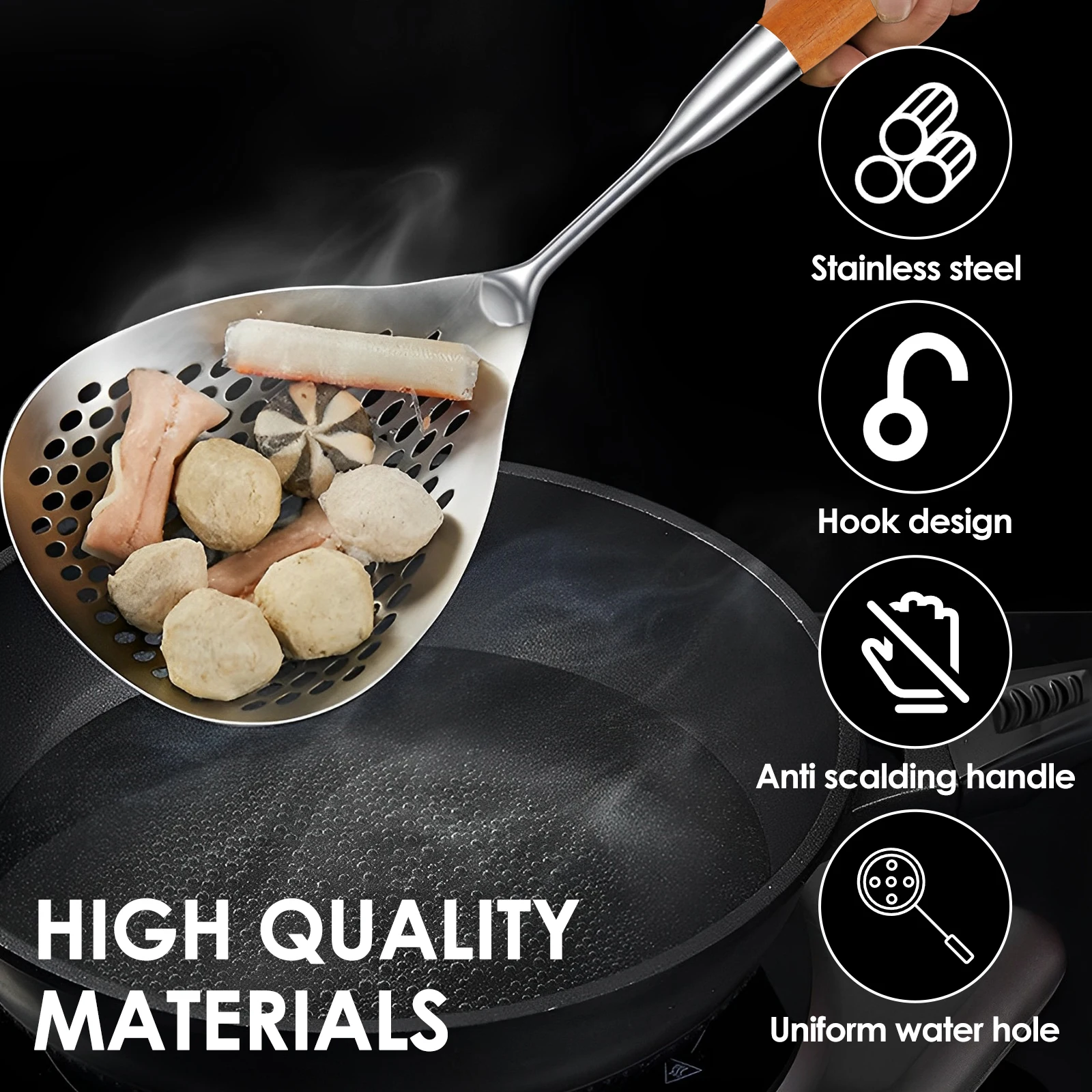 Stainless Steel Slotted Spoon Heat-Resistant Cooking Skimmer Strainer Food Draining Frying Kitchen Tool with Anti-Scald Handles