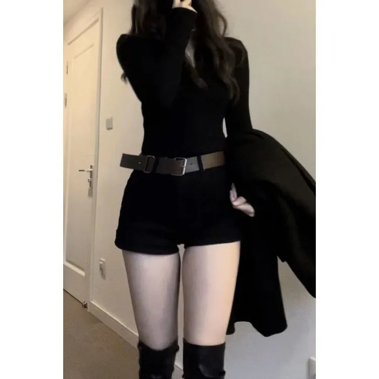 Korean Simple V-neck Long Sleeve Slim Fit Black Tops Women+ Y2k Grunge High Waist Split Shorts 2024 Summer New Two Piece Sets