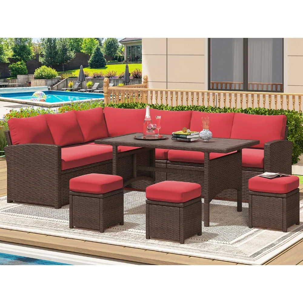 

U-MAX Outdoor Patio Furniture Set, 7 Pieces Patio Sectional Sofa Set with Dining Table All-Weather Wicker Patio Conversation Set