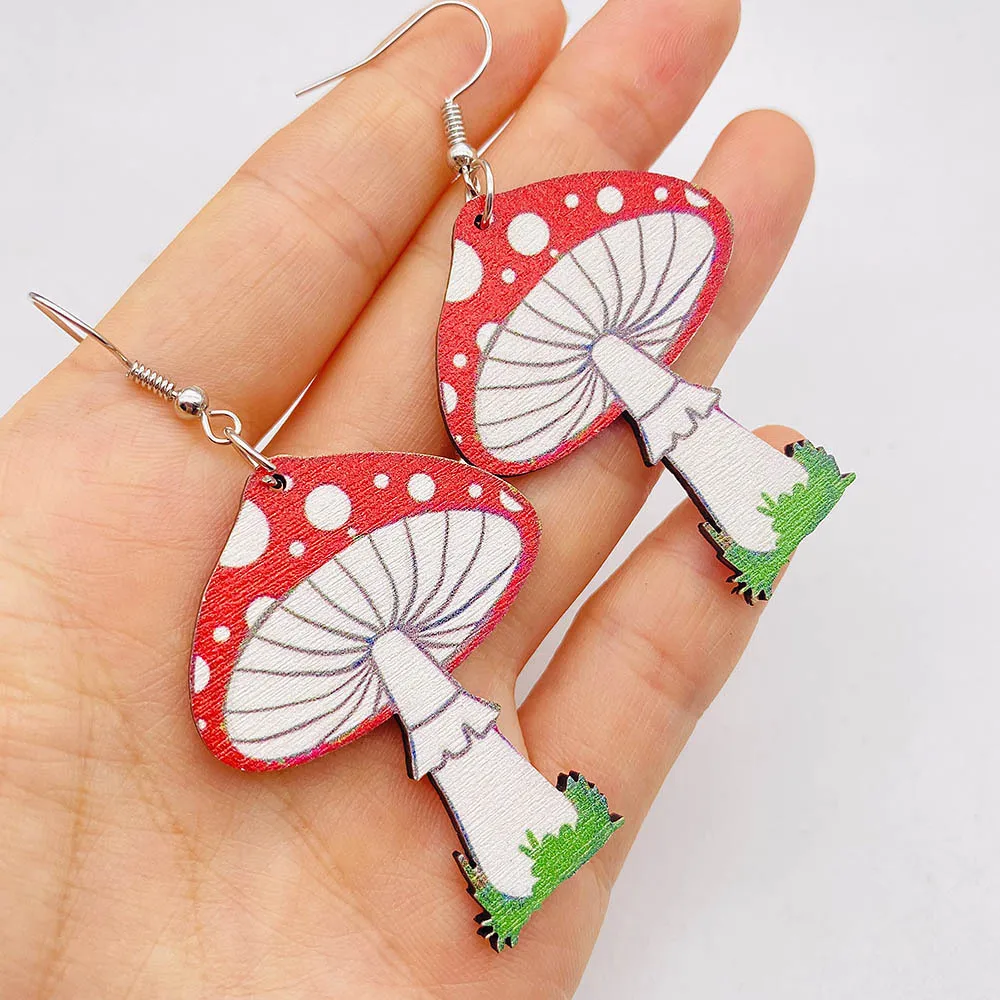 New Red Dotted Mushroom Wood Earrings Cute Easter Mushroom Wood Earrings Easter Jewelry Gift