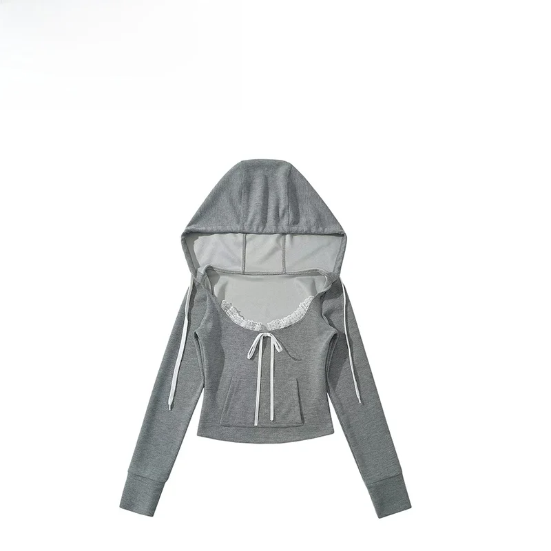 

ZBZA Autumn New Women's Faionable Lace Trim Hooded Knitted Top Street Sle Long Sve Polyester Fiber Color