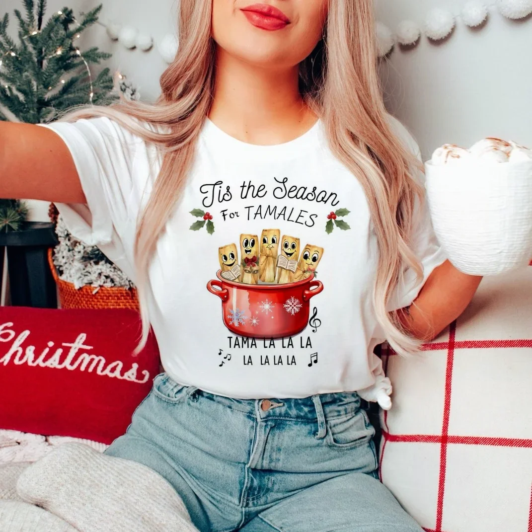 Cute Trendy 90s T-Shirt for Women Funny Tis The Season for Tamales Pattern Printed Fashion Casual Short Sleeve Printed T-Shirt