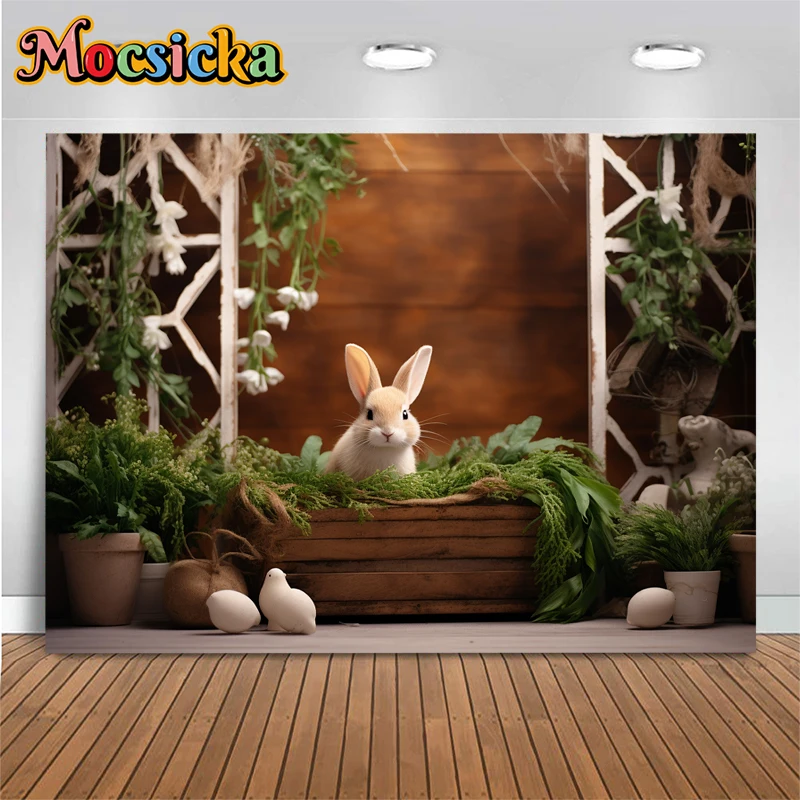 Spring Easter Rabbit Background For Photography Green Plant Flower Baby Shower Girl Birthday Newborn Backdrop Decor Photo Studio