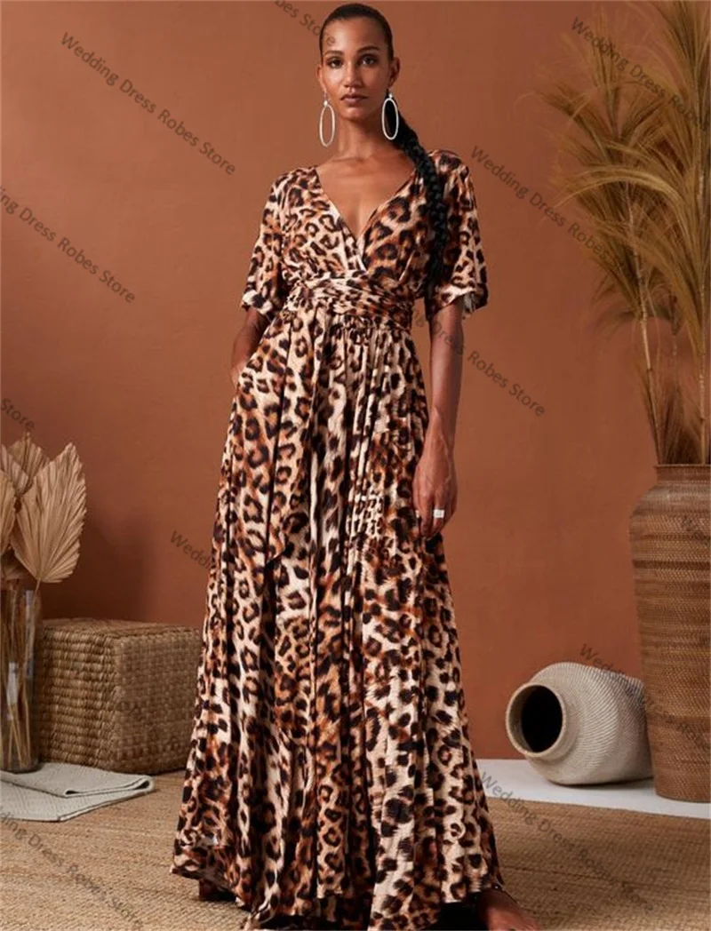 Leopard Women Prom Dress V Neck Full Sleeves Night Gown Wedding Dresses Sleepwear Custom Made Party Robes