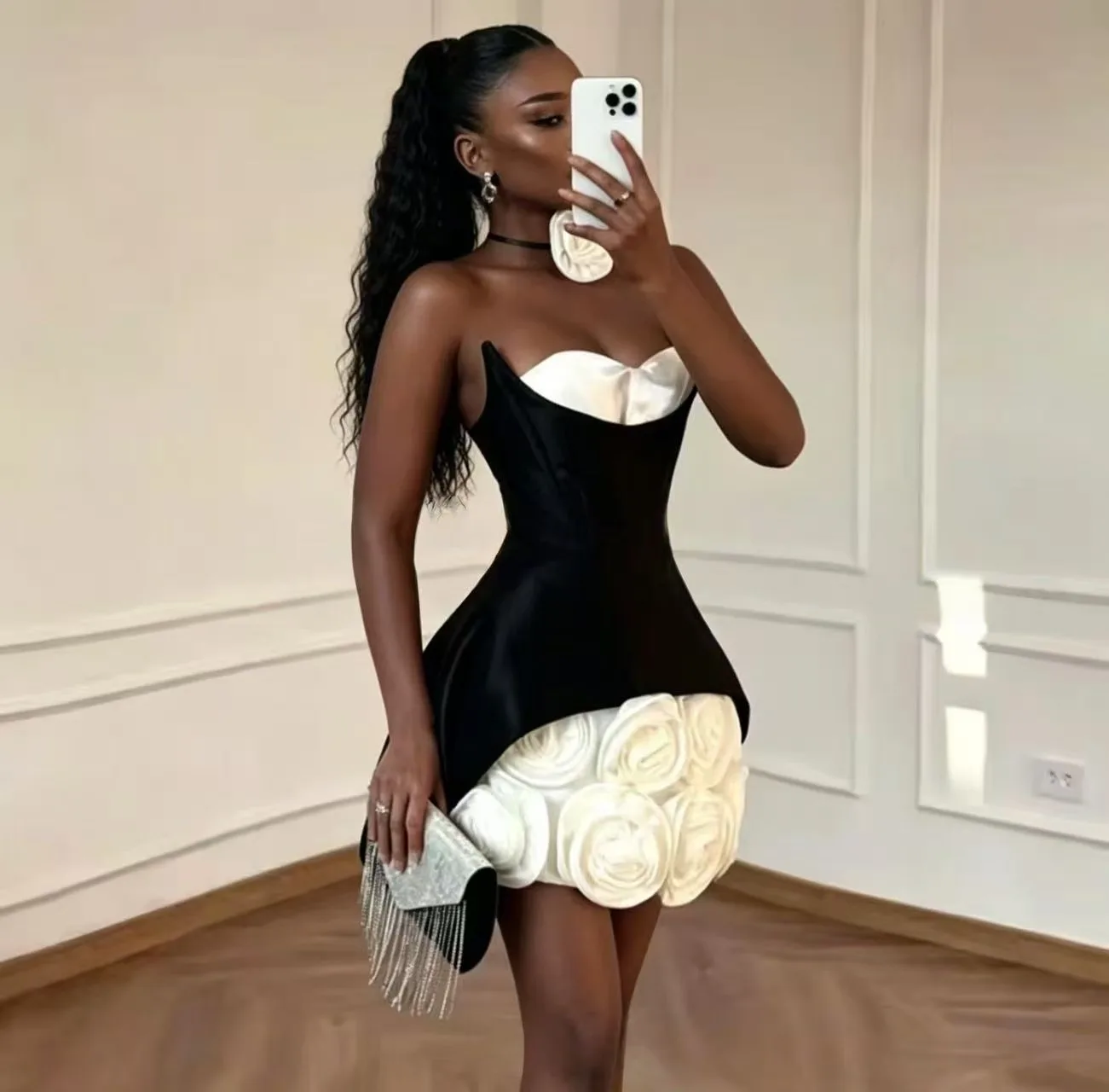 

Women Sexy 3D Rose Bandage Dress Strapless High Waist Mini Skirt Sleeveless Bodycon Dress For Party Homecoming Club Night Out