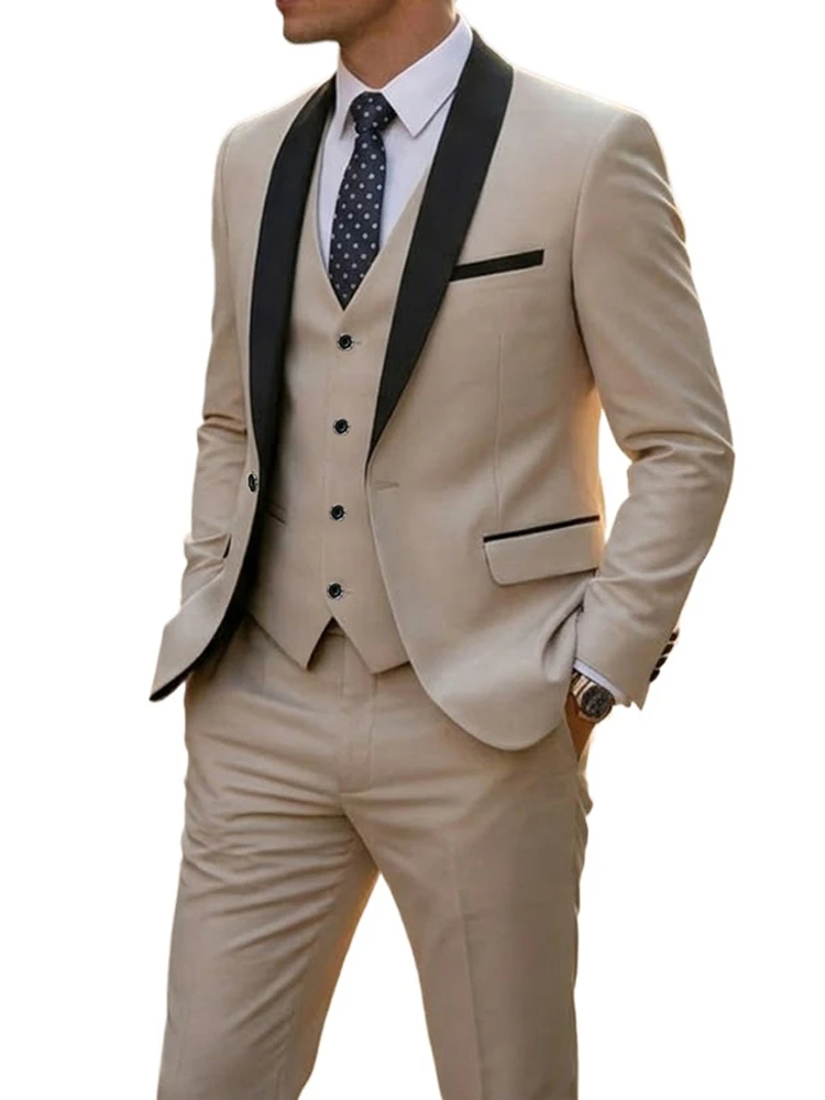 

EUR Size ( Blazer + Vest + Pants )High End Brand Men's Casual Business Formal Solid Color Suit 3 Pcs Set Groom's Wedding Dress
