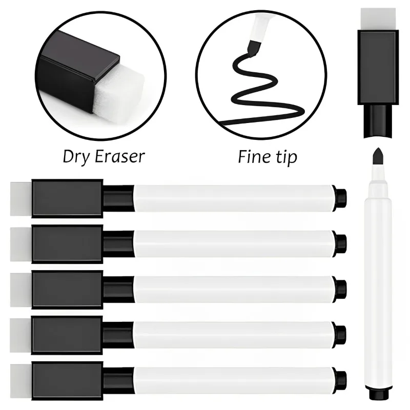 

10/5PCS Whiteboard Marker Pen Black Dry Erase Markers with Eraser Caps Writing Drawing Pen for School Office Whiteboard Supplies