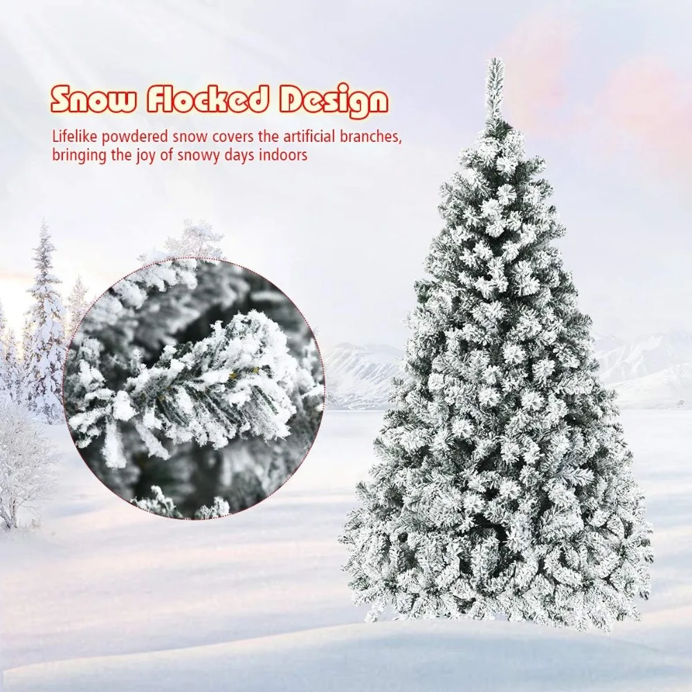Árvore de Natal de pinho articulada flocada à neve em PVC premium de 6 pés com suporte de metal e luzes LED
