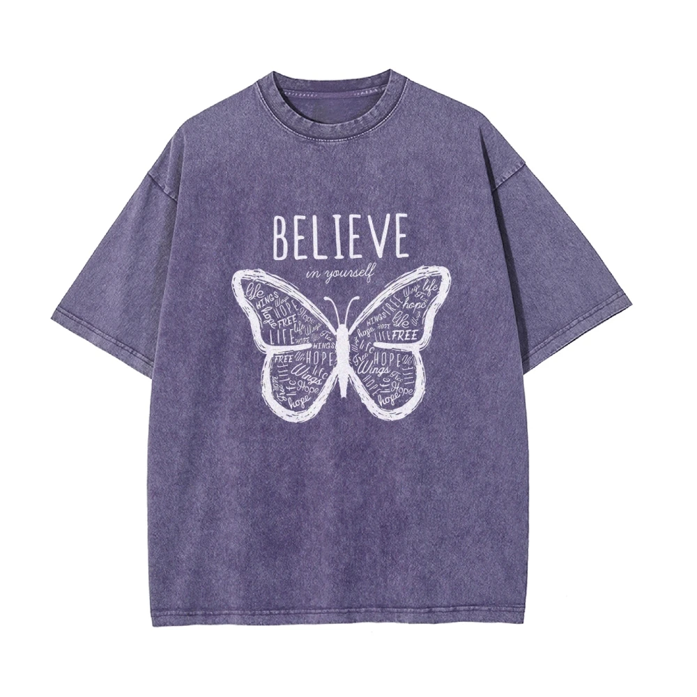 Believe In Butterfly Prints T-shirt Graphic Short Sleeve Washed Y2k For Women Fit Clothes Tops Ancient Costume Summer Trendy