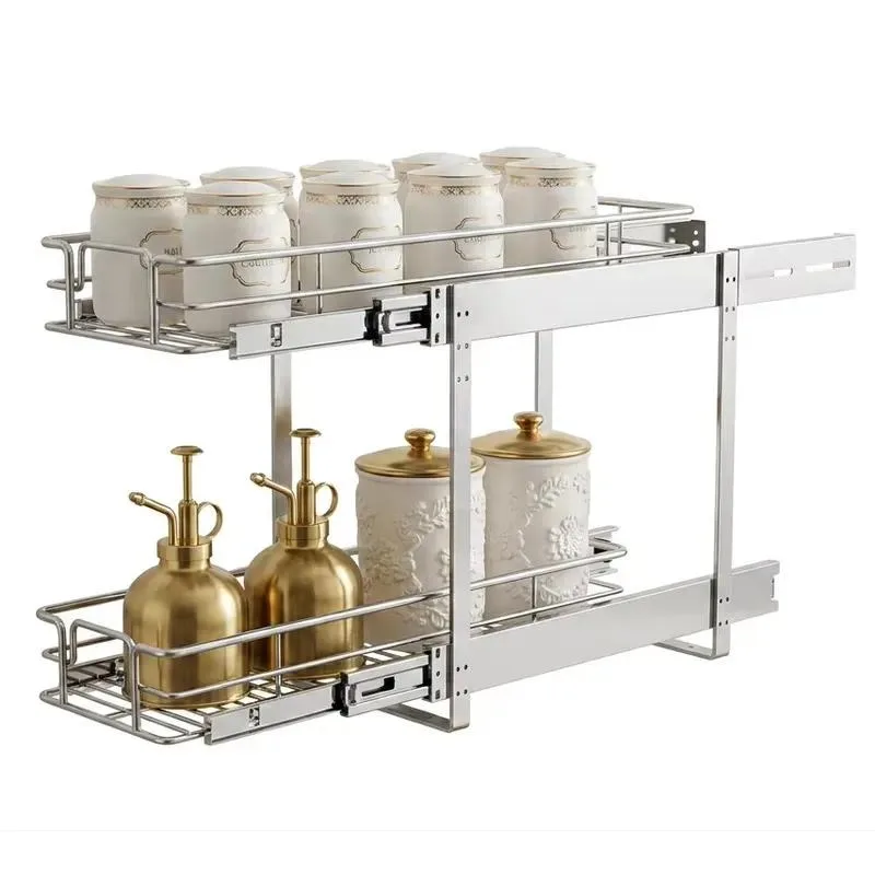 11.5 Inch Double Layer Modern Heavy Duty Chrome Iron Bolt Plug in Seasoning Rack Pull Out Cabinet Storage Organizer for