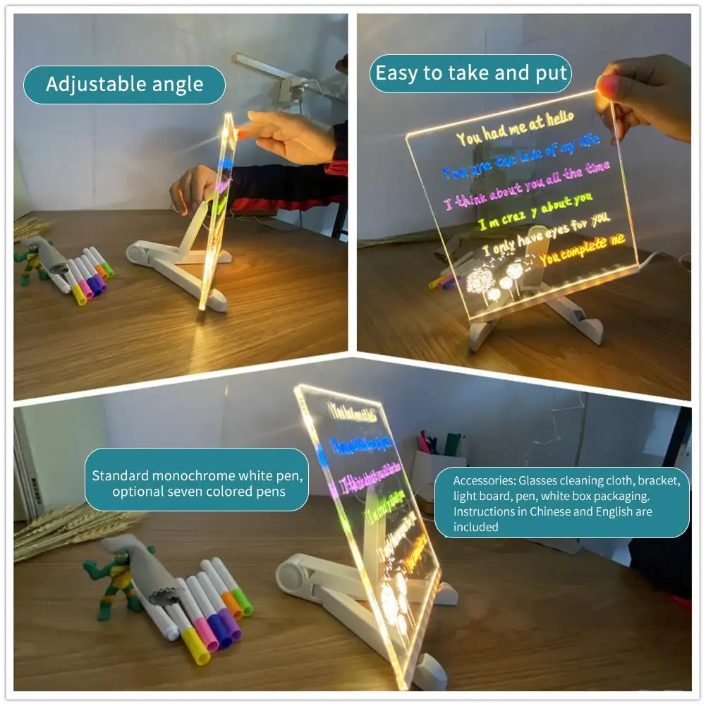 LED Akrilik Kuru Silme Kurulu Işık Ile Yaratıcı Yeniden Yazılabilir Yukarı Işık Akrilik USB Not Silme Mesaj Hediye Kurulu Kurulu LED Çocuk C4J9