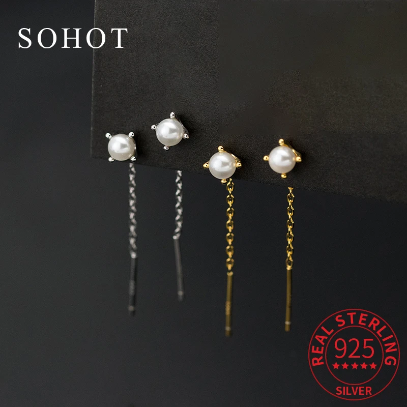

Real 925 Sterling Silver 3/4/5MM Short Chain Tassel Pearl Stud Earrings for Women Minimalist Fine Jewelry Cute Accessories