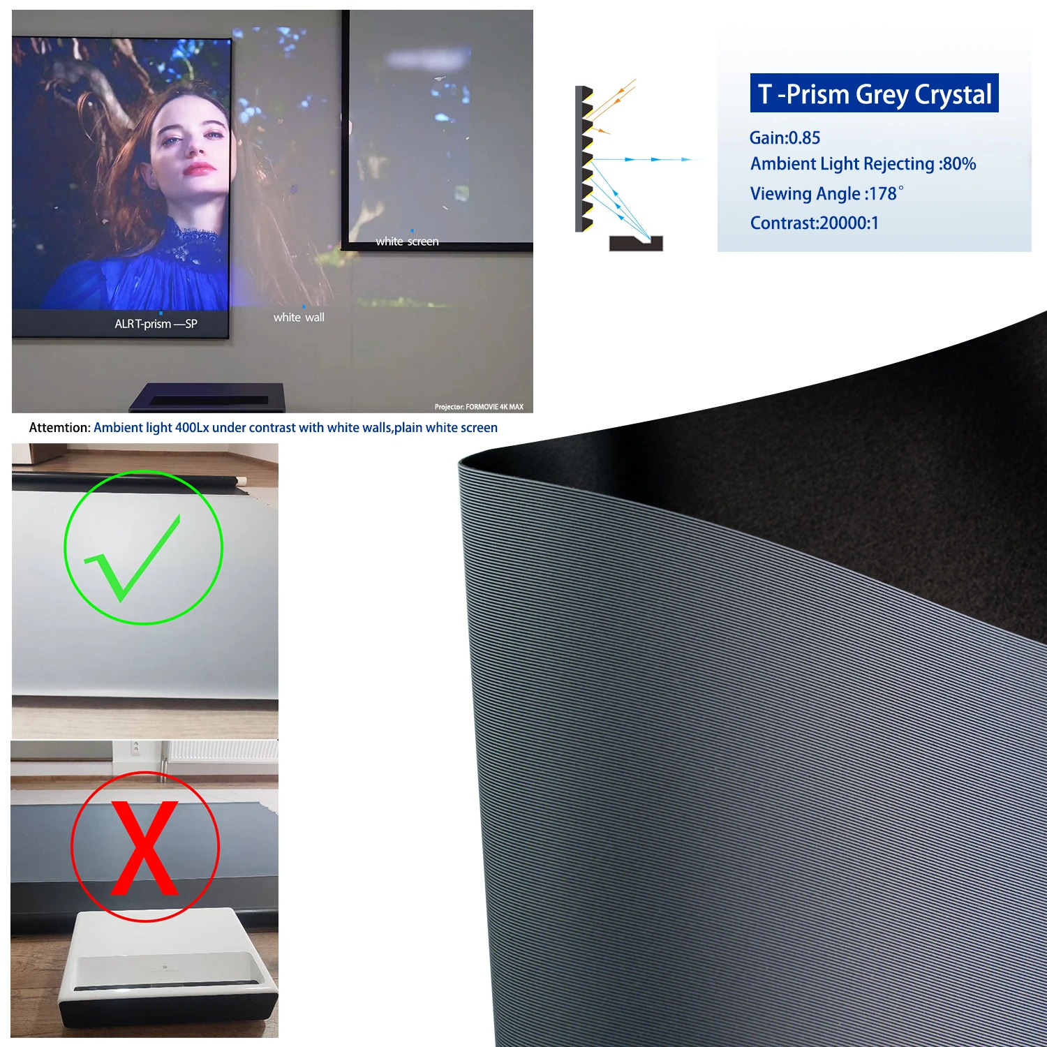 100 inch ALR Projector Screen Motorized Floor Rising Grey Crystal Projection Screen for 4K Ultra Short Throw Laser Projector