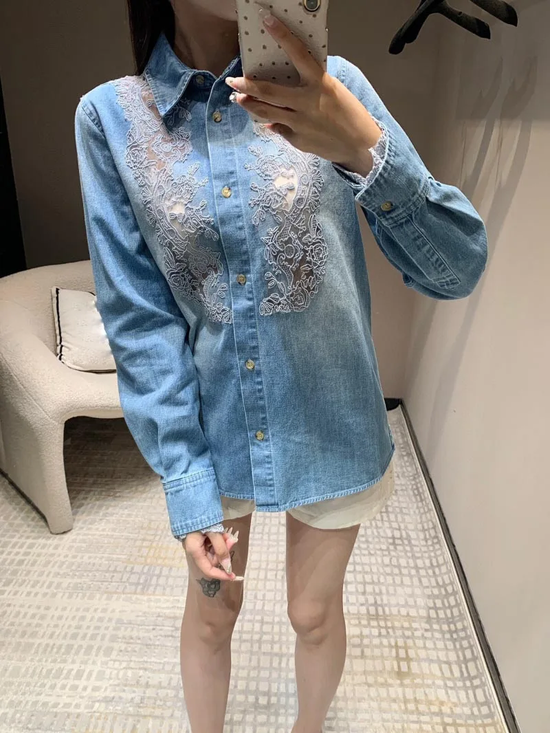 2024 Autumn Women's Shirt Women's Lace Embroidered Denim Shirt Top Embroidered Washed Denim Women's Shirt 2 Colors