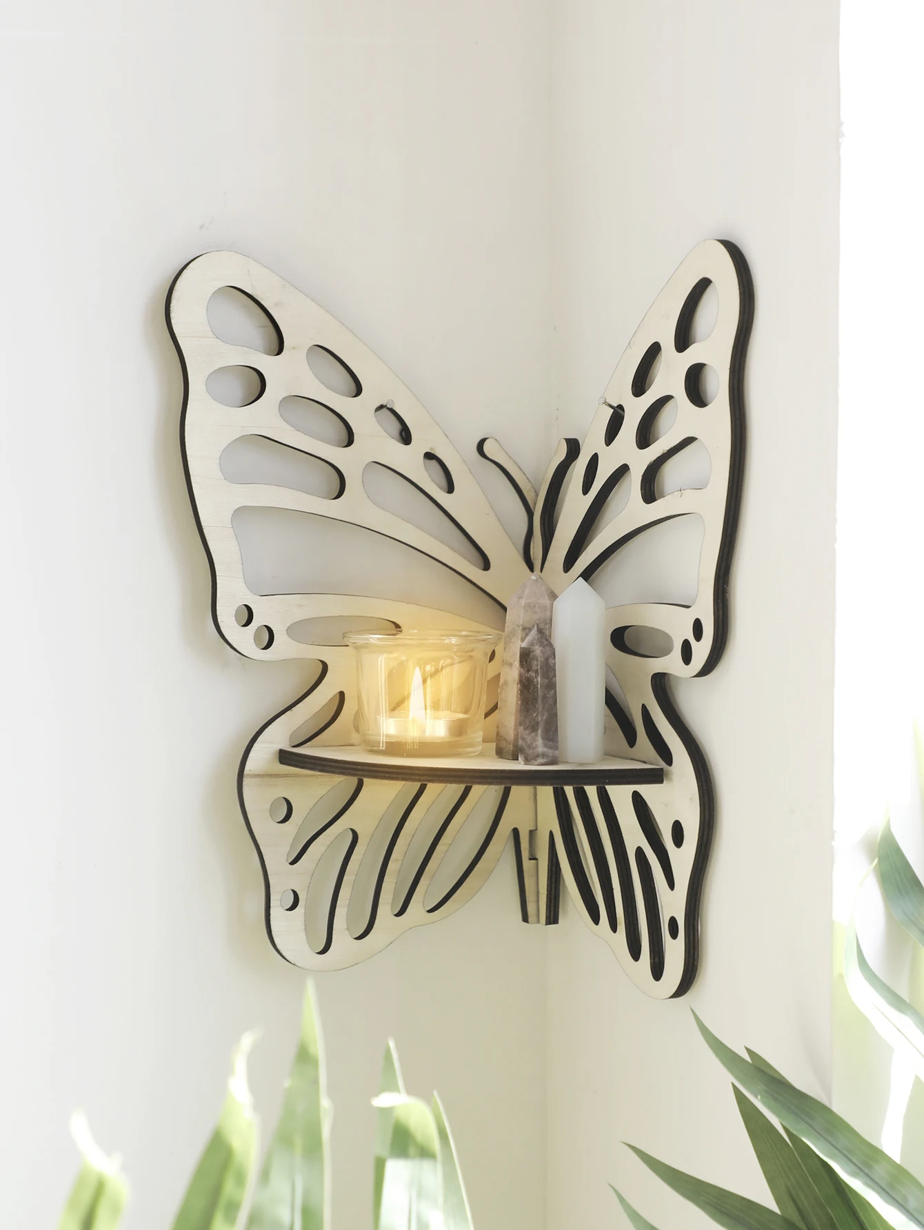 Boho Hollow‑out Butterfly Wooden Wall Shelf, Crystal Display Storage Holder, Aesthetic Wall Decor for Bedroom Living Room Decor