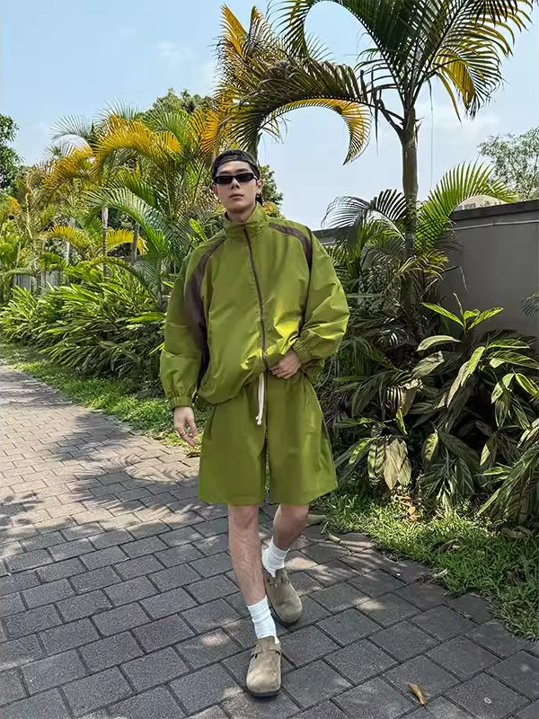 

Комплект для спорта и отдыха унисекс: куртка с защитой от солнца и шорты до колен, большие размеры, 300 Pou, деконструированный дизайн, цветные блоки