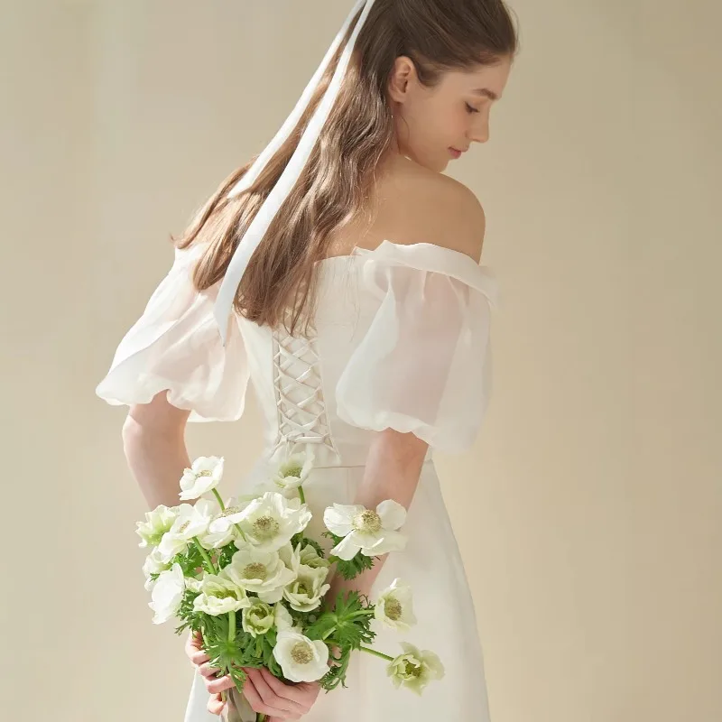 Elegant A-Line Off the Shoulder Lace-up Organza Wedding Dresses Women Simple Puff Sleeves Bride Dresses 웨딩드레스 Ivory Custoized