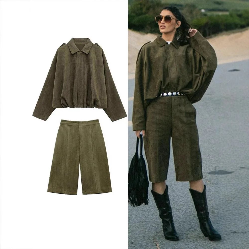 AUTUMN Women Loose Casual Coat Shorts Sets Vintage Suede Oversized Long Sleeve Zipper Bomber Jacket Spring Street Chic Suit