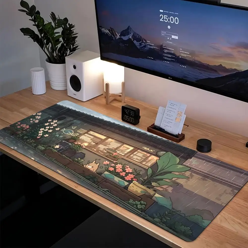 Cozy Anime Street Extended Gaming Mouse Pad Non-Slip Rubber Base Large Desk Mat Mouse pad For Laptop PC Gaming Setup Decor