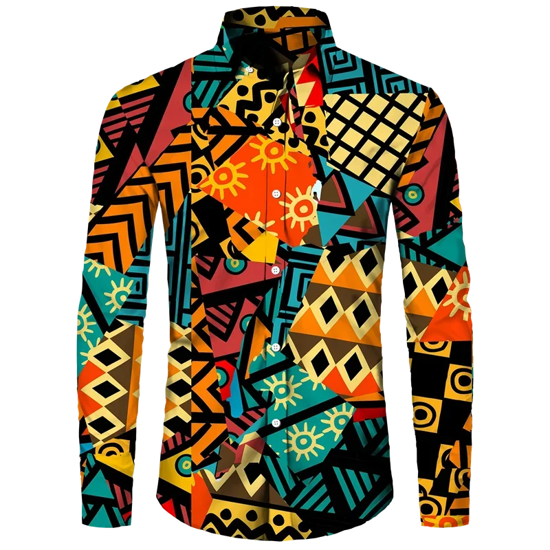 New Men\'s Button Shirt Dashiki African Print Long Sleeve Shirts Tops Traditional Couple Clothes Hip Hop Ethnic Style Streetwear