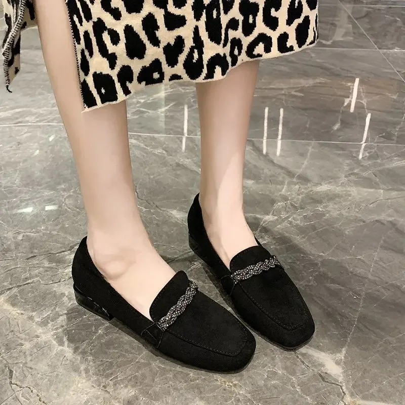 Comemore Women Shoes Retor Square Toe Nubuck Velvet Moccasins Pumps 2024 Crystal Chain Flock Loafers Women Low Heels Espadrilles