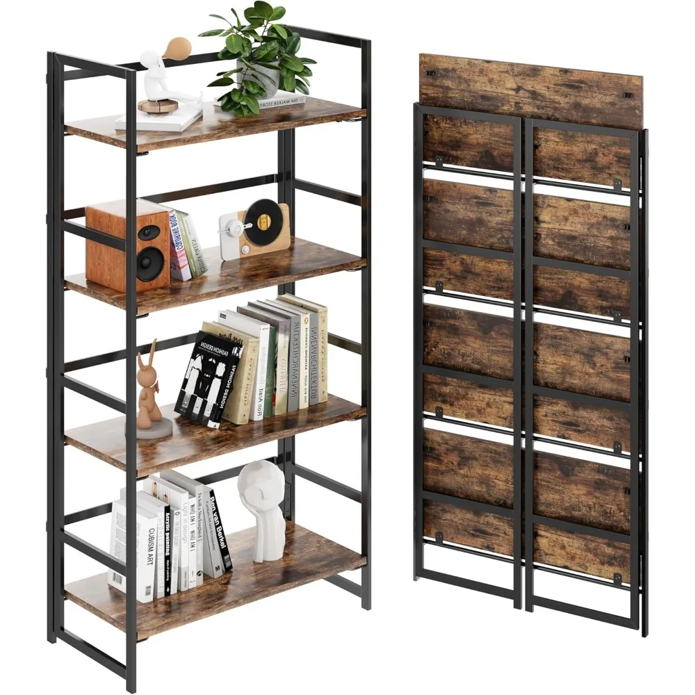 Vintage Multifunctional Folding Bookshelf, No-Assembly Plant Stand Storage Rack Shelves for Home Office