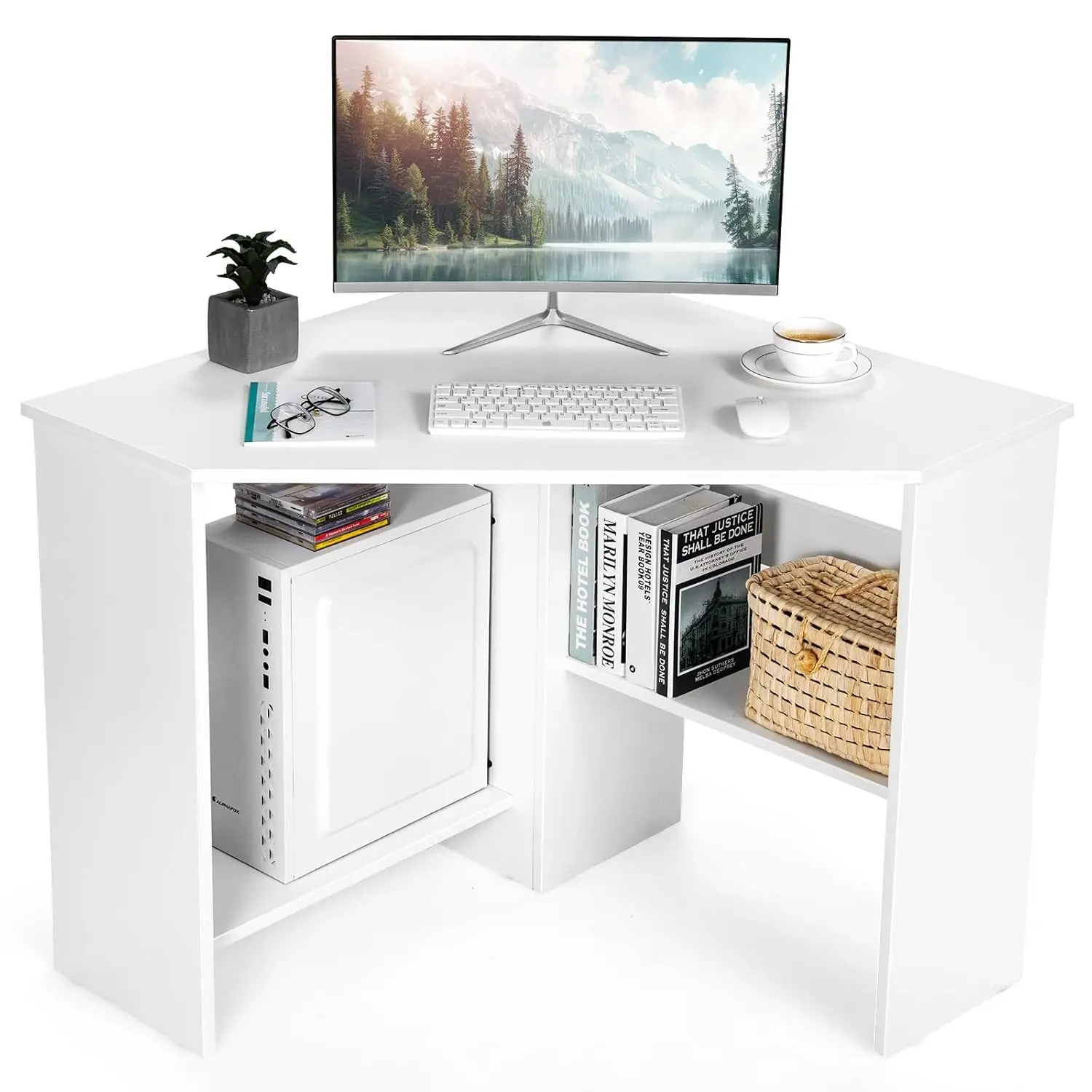 

Space-Saving Corner Desk with Storage Shelves & 2 Cable Holes for Home Office Living Room Bedroom, Customized
