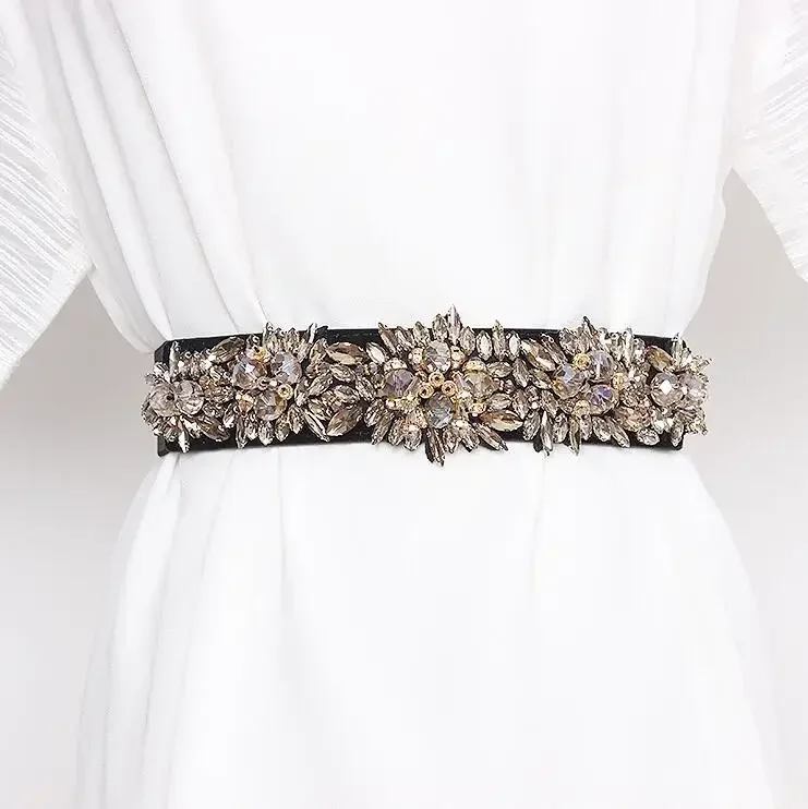 

Women's Runway Fashion Rhinestone Beaded Elastic Cummerbunds Female Dress Corsets Waistband Belts Decoration Wide Belt R2988