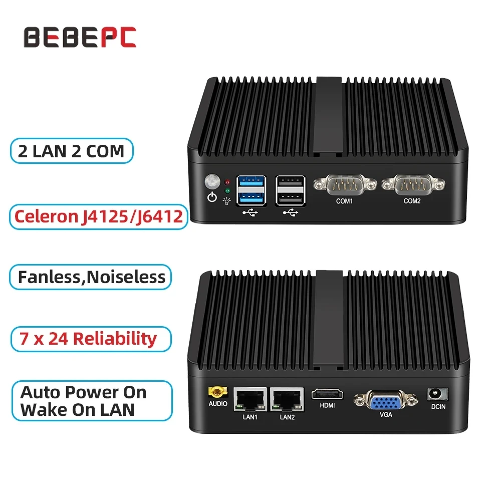 BEBEPC Bezwentylatorowy przemysłowy Mini j6412 j4125 i5 4200U 5200U Dual LAN RS232 Win10/11 Pro Linux Ubuntu WIFI Komputer stacjonarny Komputer domowy
